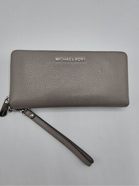 Michael Kors Gray Pebbled Leather Wristlet Wallet with Silver Logo